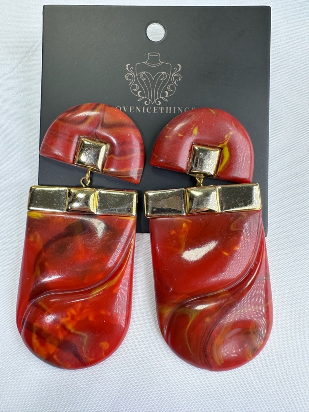70s-80s Dead-Stock Sienna Marbled Statement Earrings w/Gold Accents